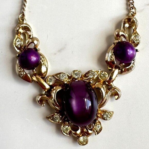 Vintage Coro Necklace, Purple Cabochon Statement Necklace, Mid Century Signed Je - Picture 2 of 8